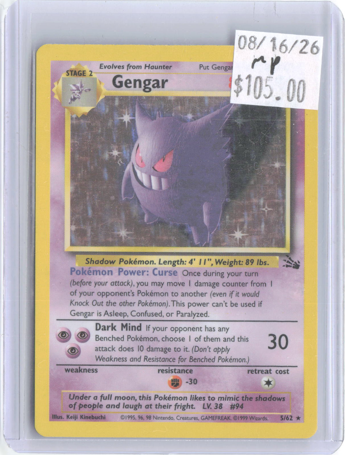 Gengar 5/62 Rare Fossil Pokemon Unlimited Holo Moderately Played