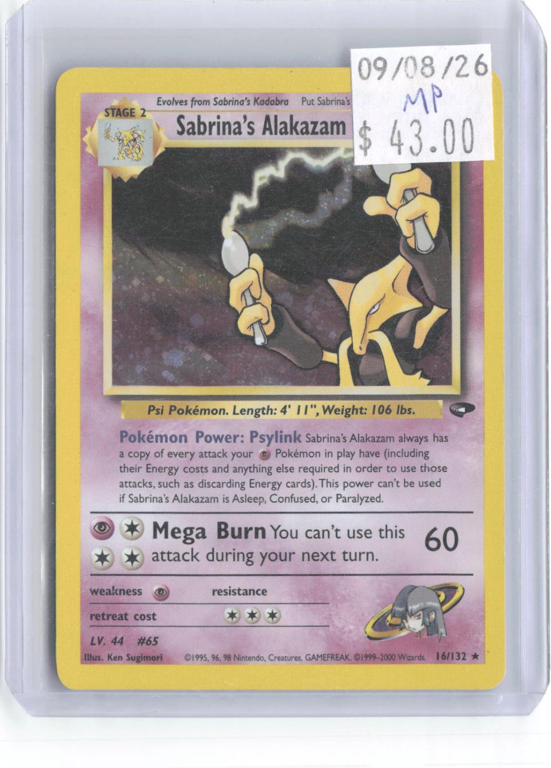 Sabrina's Alakazam 16/132 Rare Gym Challenge Pokemon Unlimited Holo MP