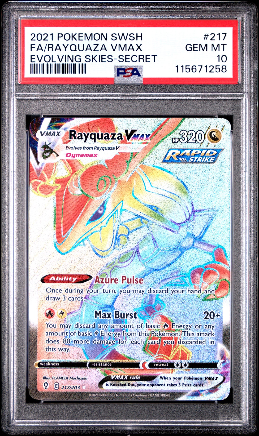 Rayquaza Vmax 217/203 Secret Evolving Skies Pokemon PSA 10 Gem Mint