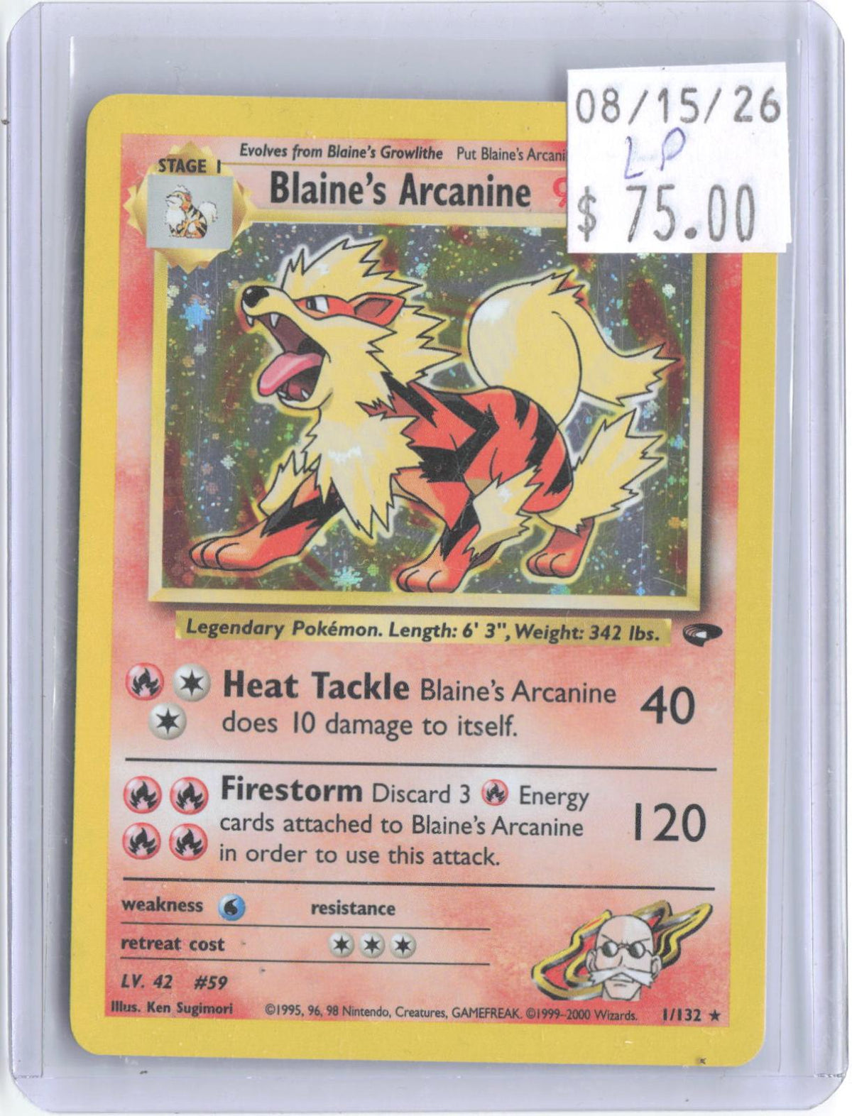 Blaine's Arcanine 1/132 Rare Gym Challenge Pokemon Unlimited Holo Lightly Played