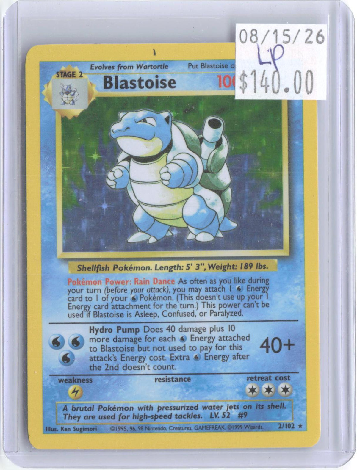 Blastoise 2/102 Holo Rare Base Set Unlimited Pokemon Lightly Played