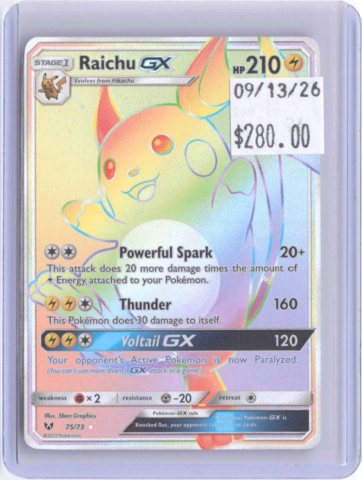 Raichu GX 75/73 Rainbow Rare Shining Legends Pokemon Holo Near Mint