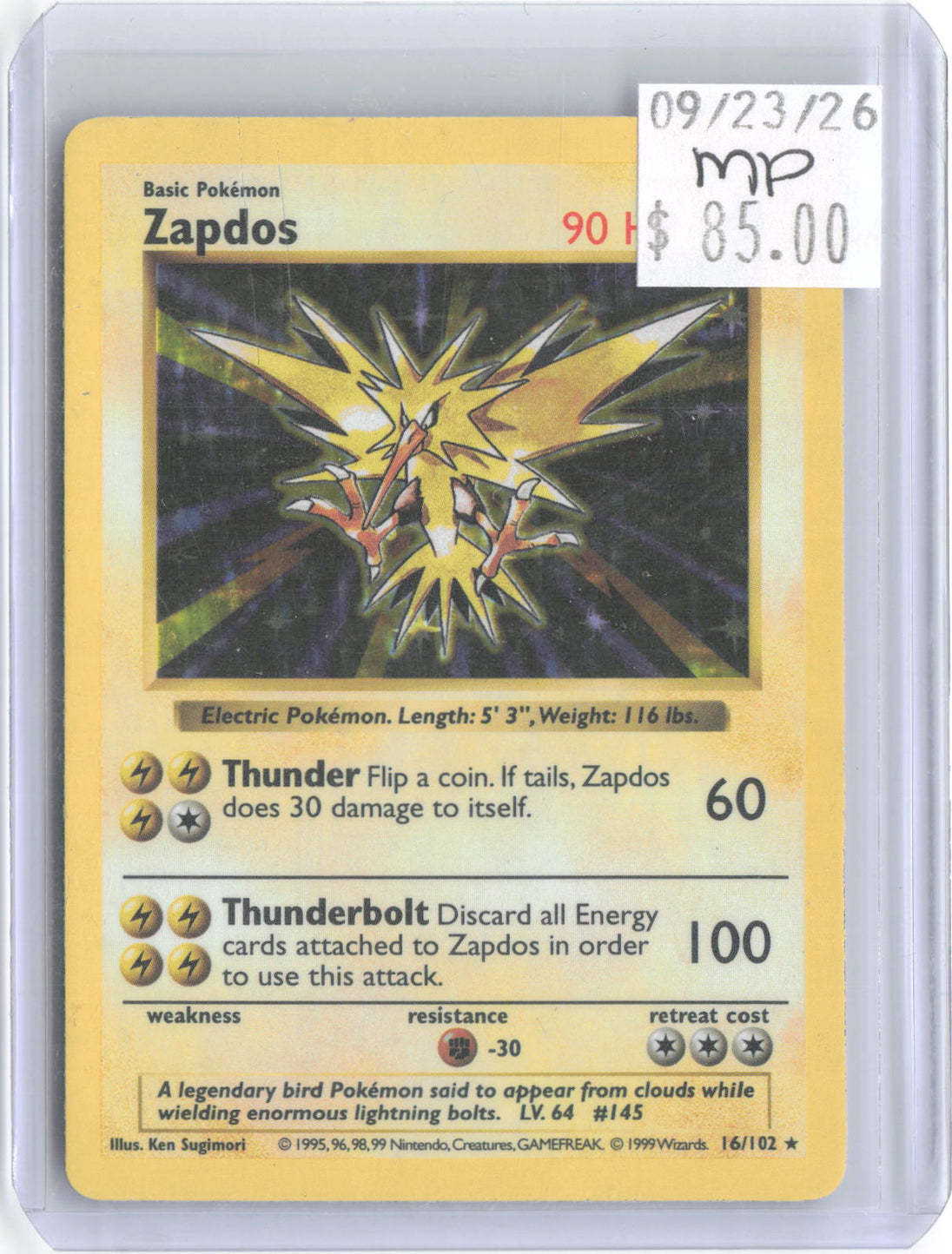 Zapdos 16/102 Holo Rare Base Set Shadowless Pokemon Unlimited Holo MP