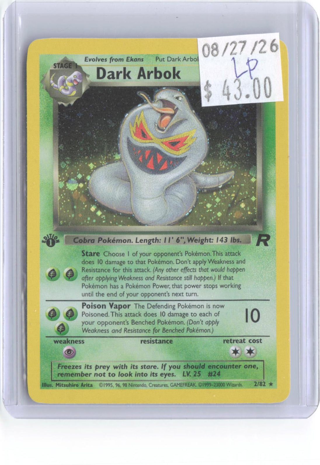 Dark Arbok 2/82 Rare Team Rocket Pokemon 1st Edition Holo Lightly Played