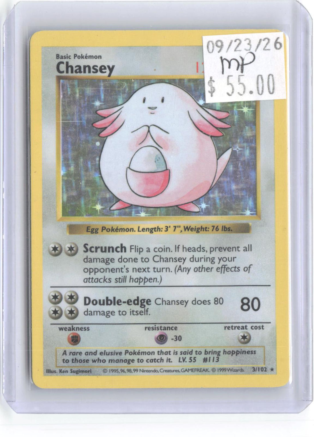 Chansey 3/102 Holo Rare Base Set Shadowless Pokemon Unlimited Holo MP