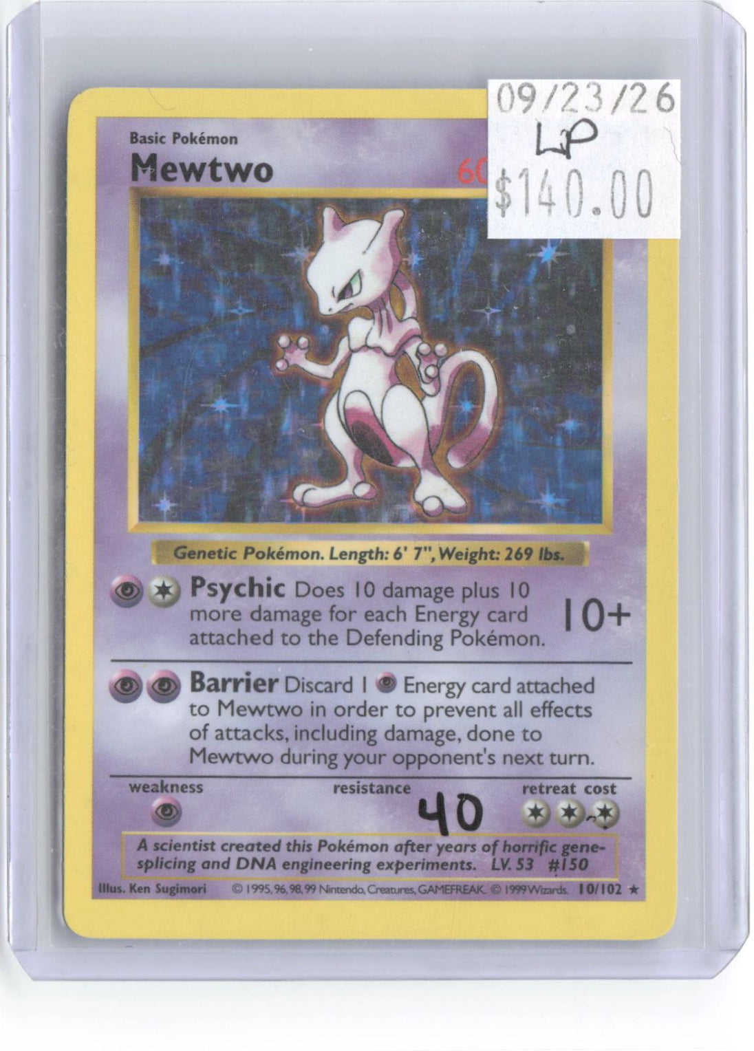 Mewtwo 10/102 Holo Rare Base Set Shadowless Pokemon Unlimited Holo LP