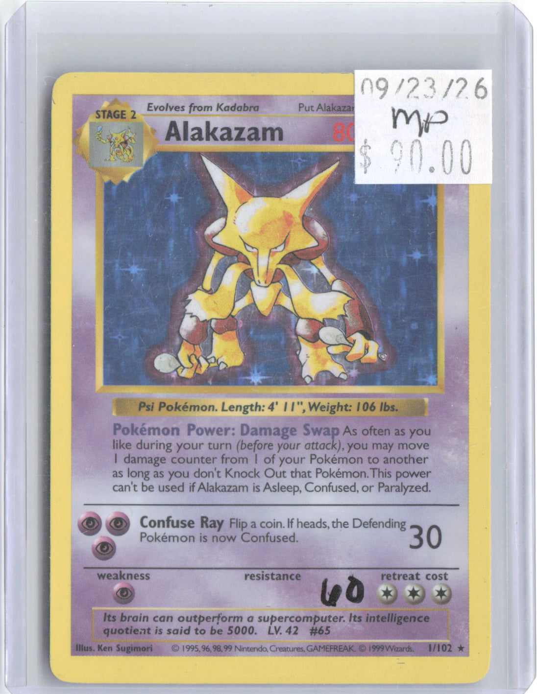 Alakazam 1/102 Holo Rare Base Set Shadowless Pokemon Unlimited Holo MP