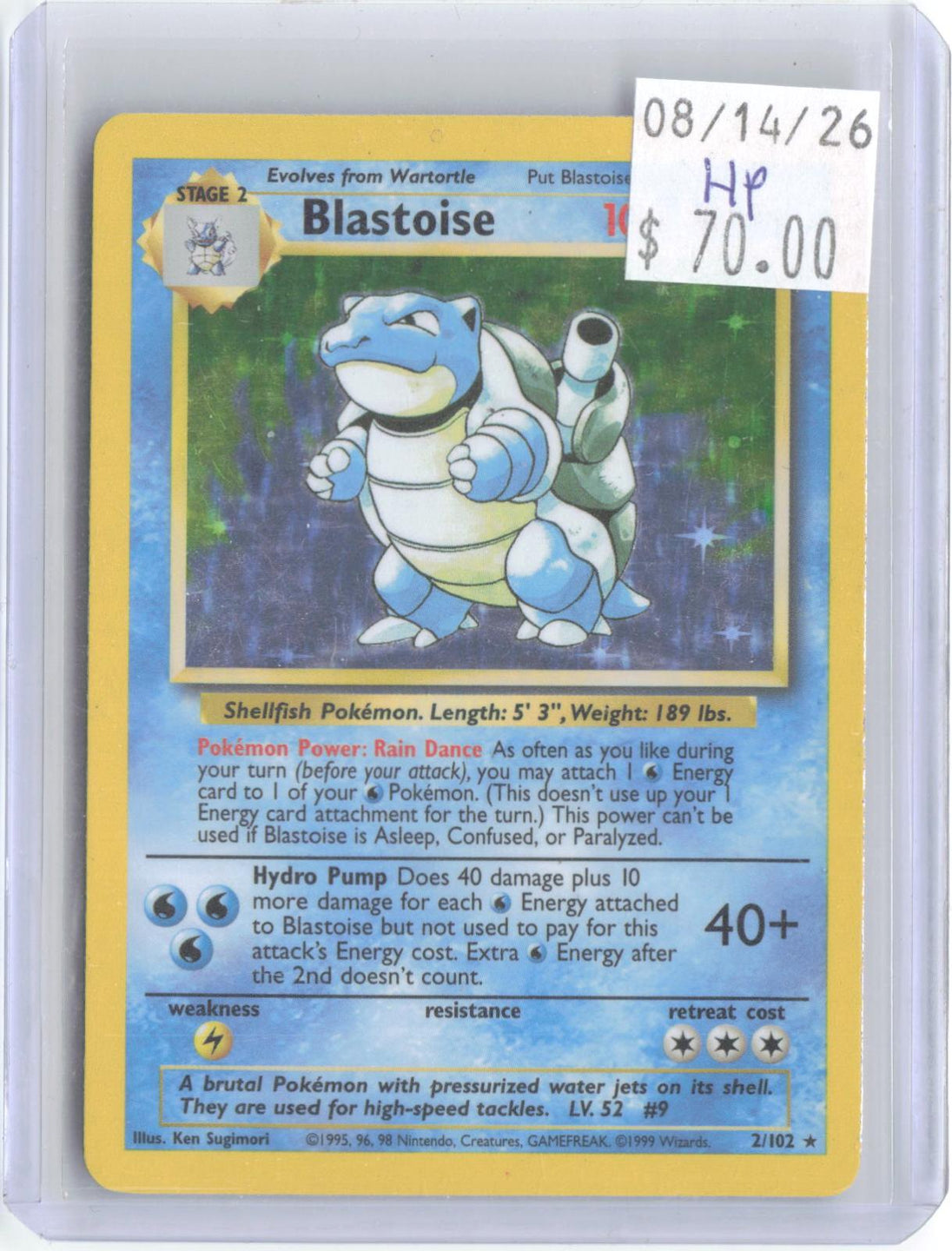 Blastoise 2/102 Holo Rare Base Set Unlimited Pokemon Heavily Played