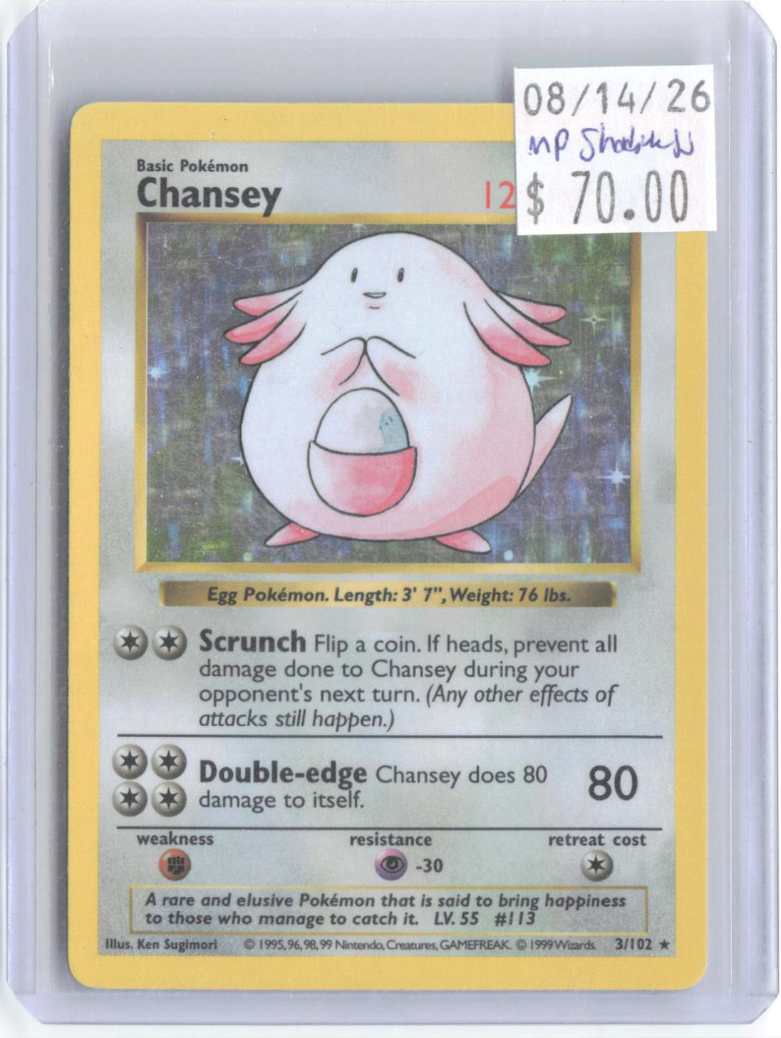 Chansey 3/102 Holo Rare Base Set Shadowless Pokemon Unlimited Holo MP