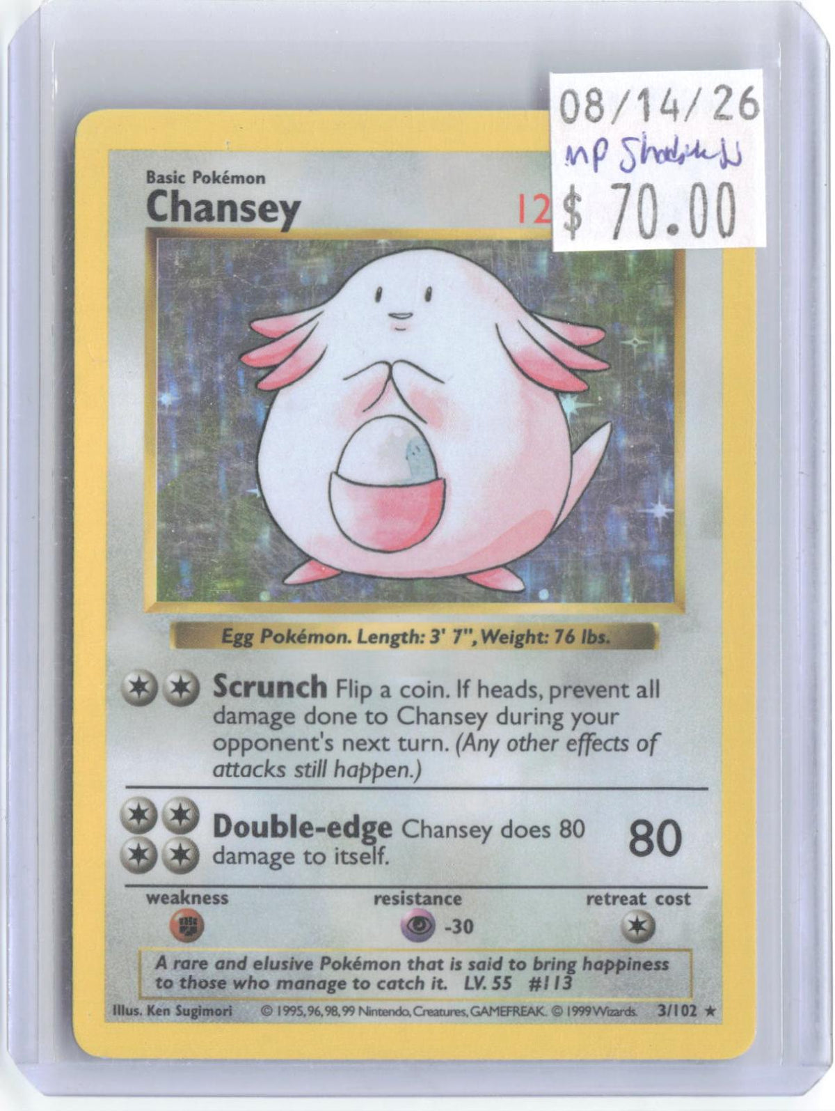 Chansey 3/102 Holo Rare Base Set Shadowless Pokemon Unlimited Holo MP