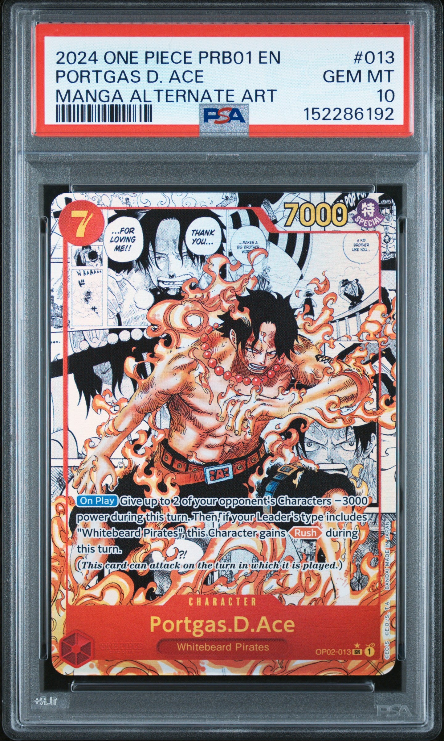 2024 One Piece Prb01-Premium Booster -One Piece Card The Best- #013 Portgas D. Ace Manga Alternate Art PSA 10