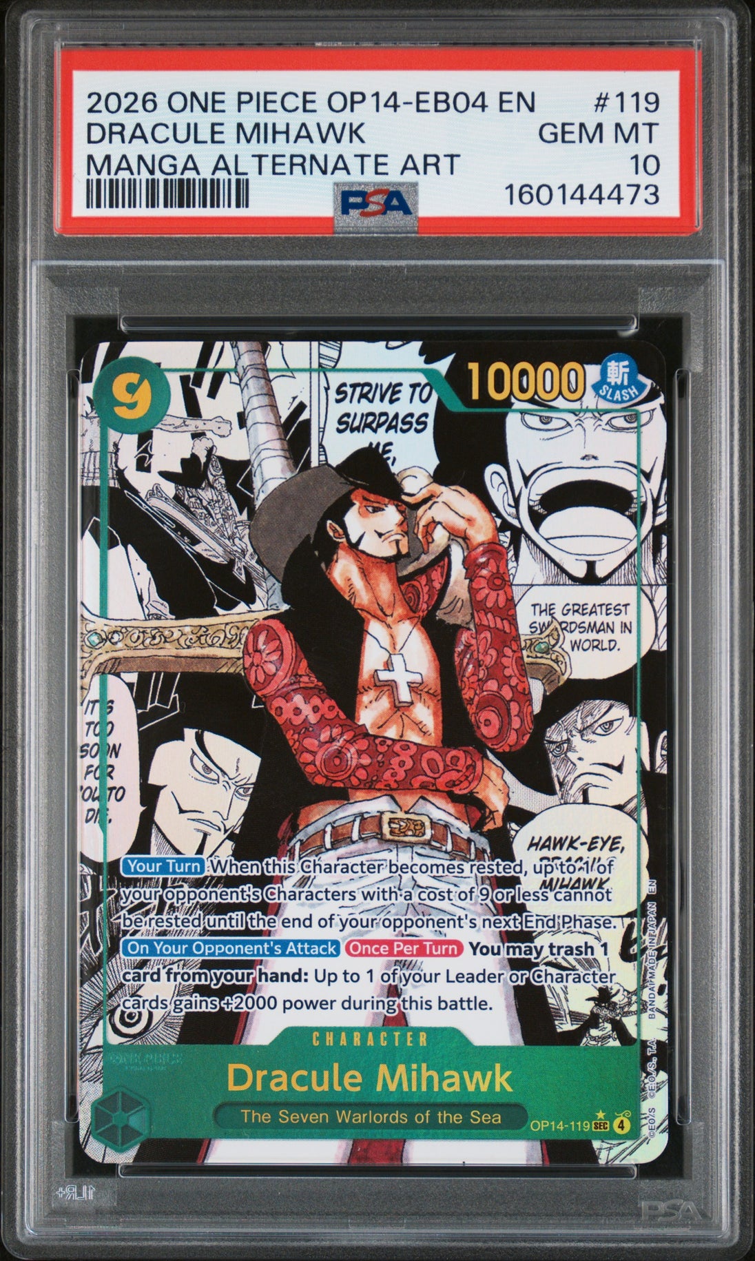 2026 One Piece Op14-Eb04-The Azure Sea'S Seven #119 Dracule Mihawk Manga Alternate Art PSA 10