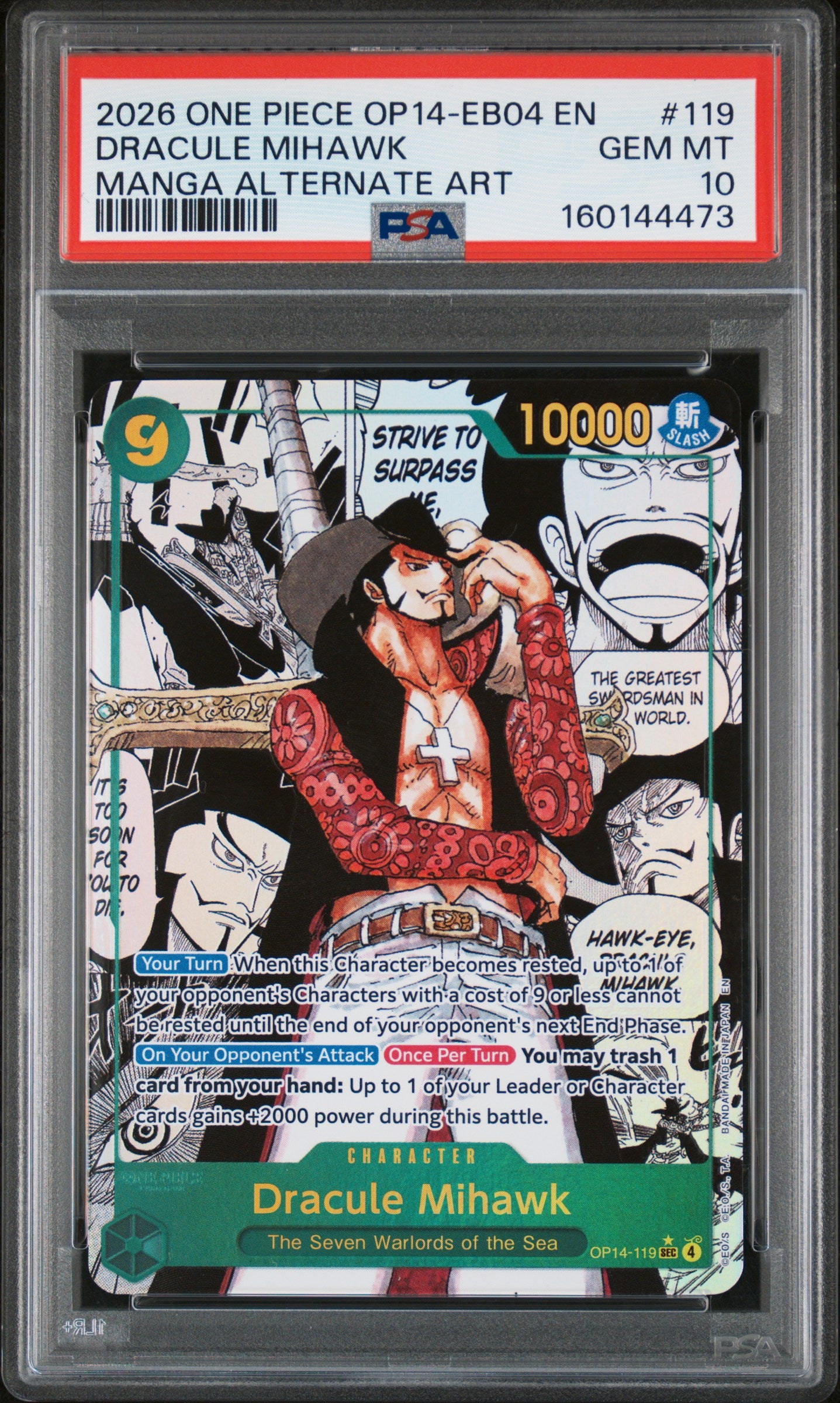 2026 One Piece Op14-Eb04-The Azure Sea'S Seven #119 Dracule Mihawk Manga Alternate Art PSA 10