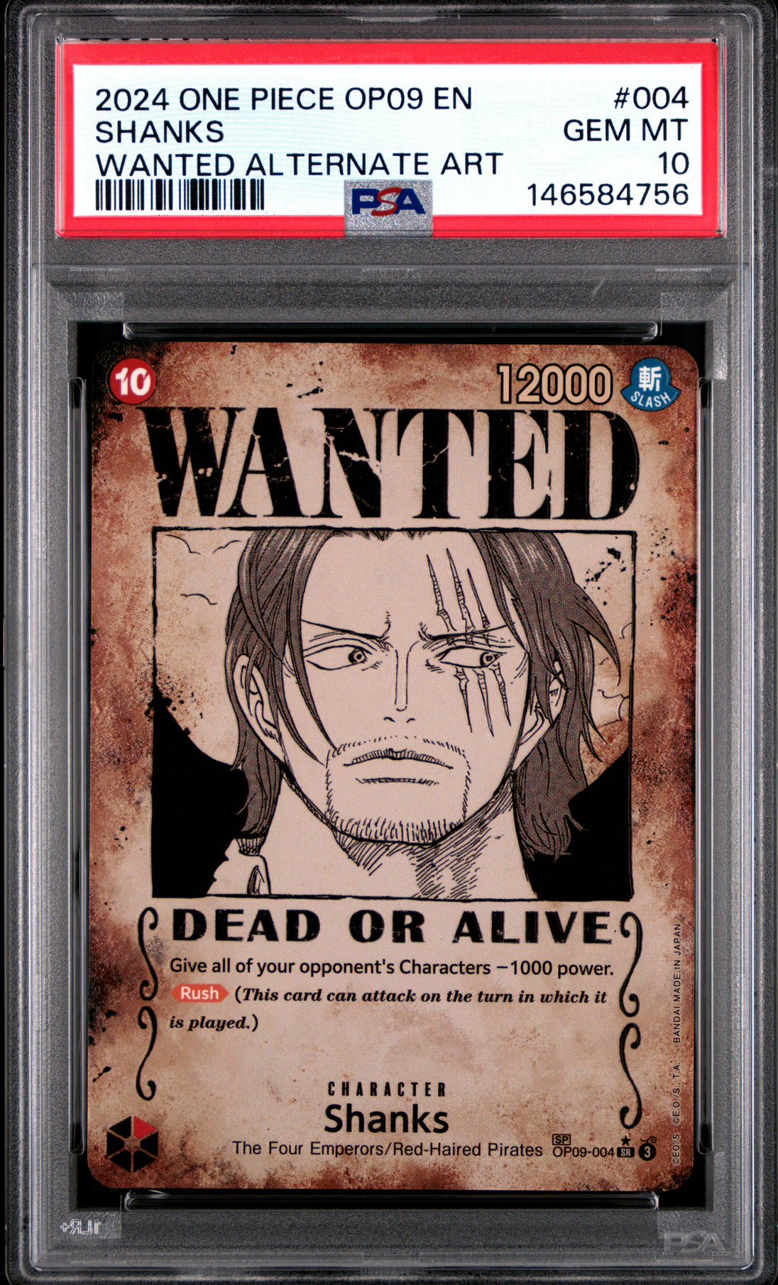 2024 One Piece Op09-Emperors In The New World #004 Shanks Wanted Alternate Art PSA 10