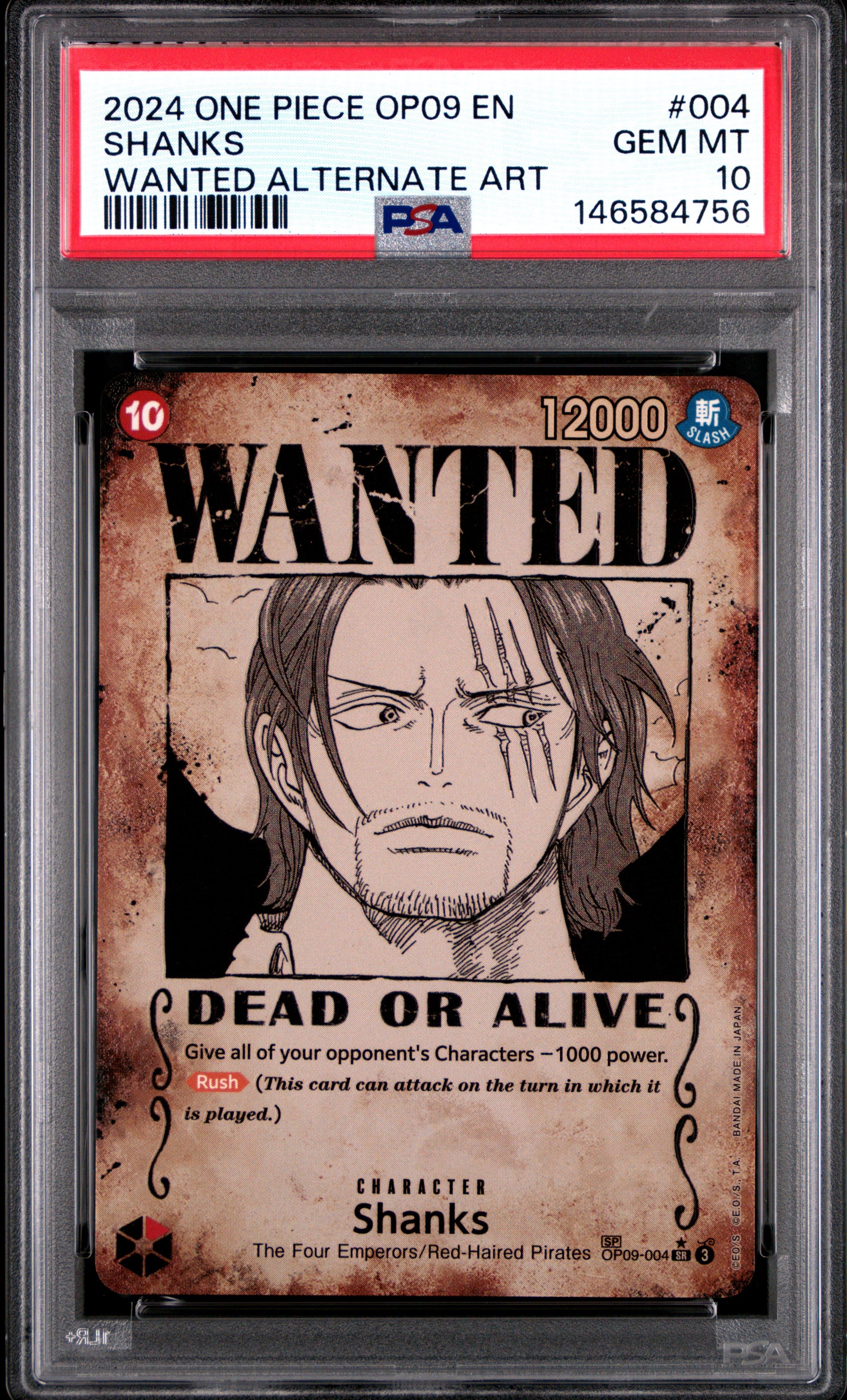 2024 One Piece Op09-Emperors In The New World #004 Shanks Wanted Alternate Art PSA 10