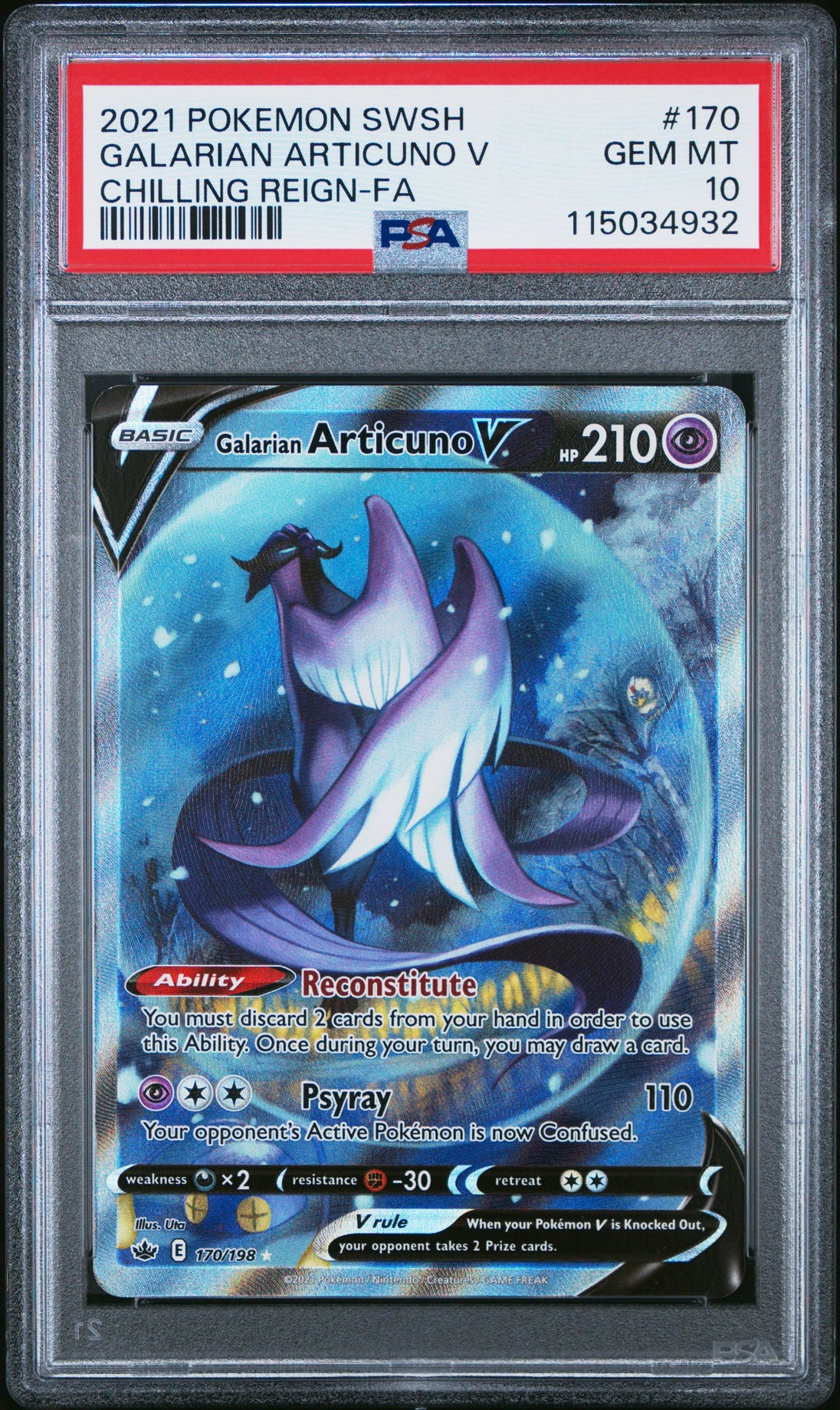 Galarian Articuno V 170/198 Chilling Reign Pokemon PSA 10