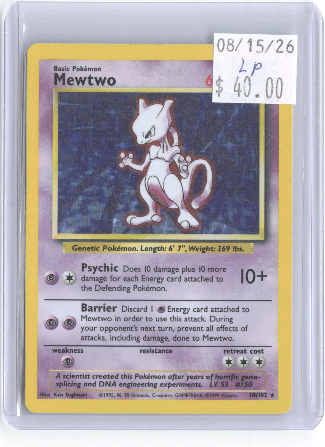 Mewtwo 10/102 Holo Rare Base Set Unlimited Pokemon Lightly Played