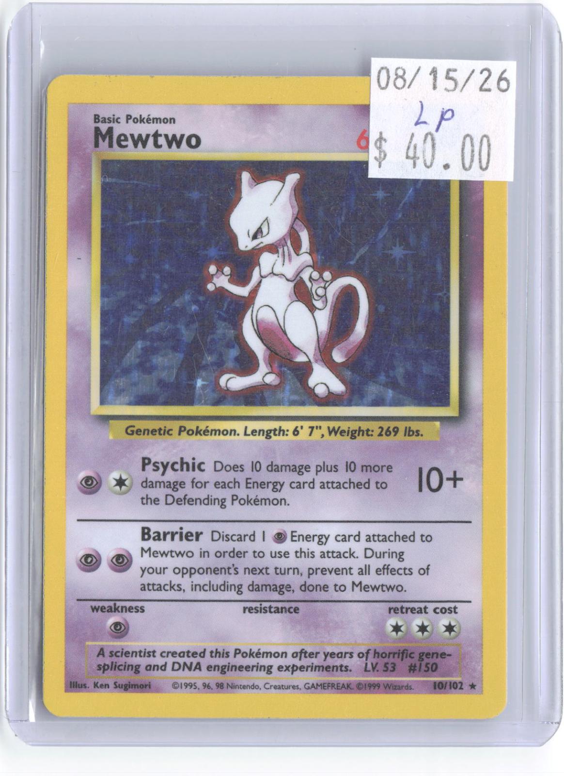 Mewtwo 10/102 Holo Rare Base Set Unlimited Pokemon Lightly Played