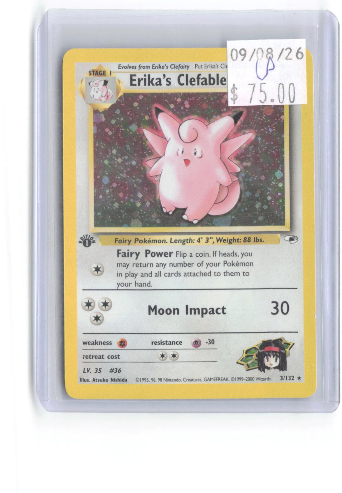 Erika's Clefable 3/132 Rare Gym Heroes Pokemon 1st Edition Holo Lightly Played
