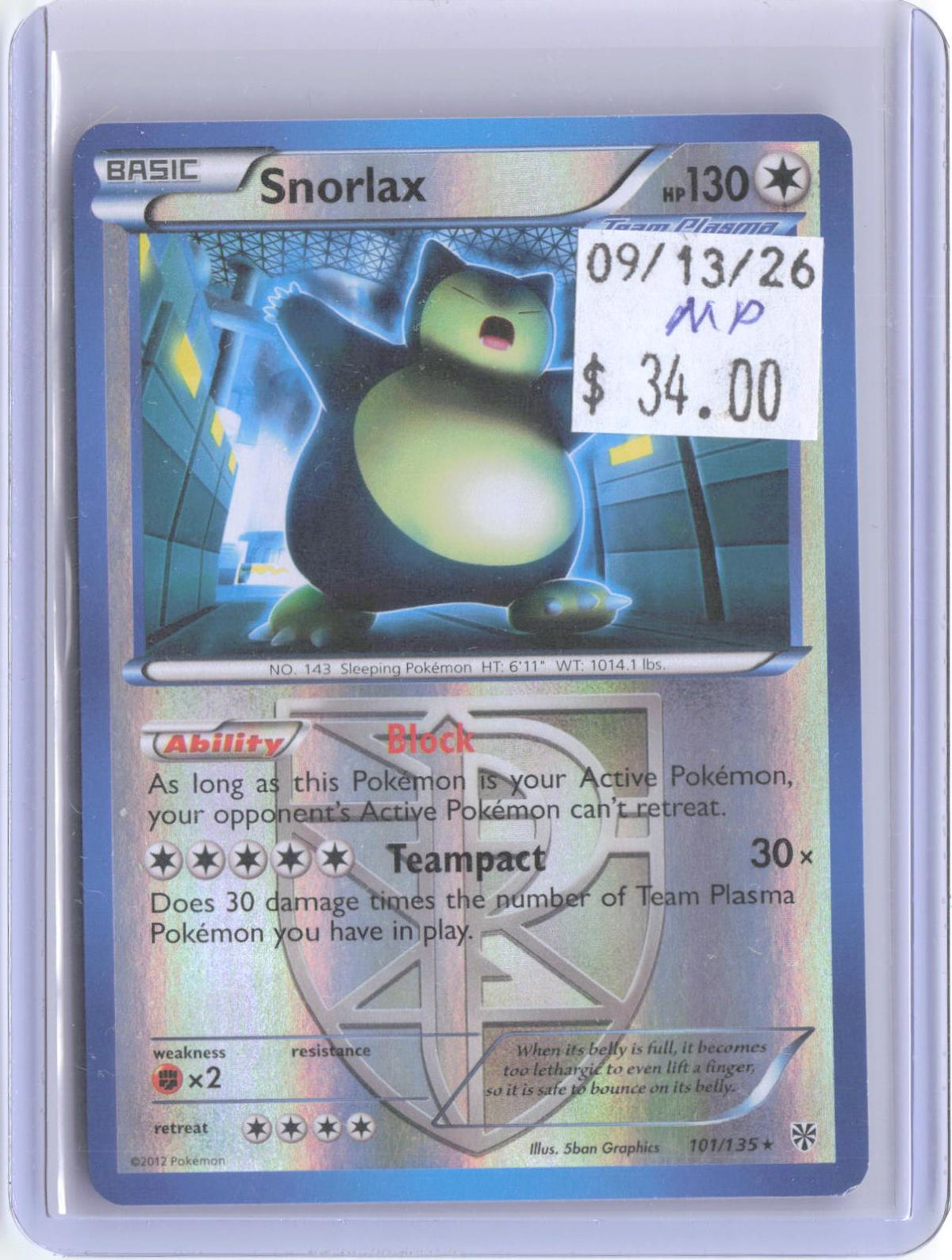Snorlax 101/135 Rare Plasma Storm Pokemon Reverse Holo Moderately Played
