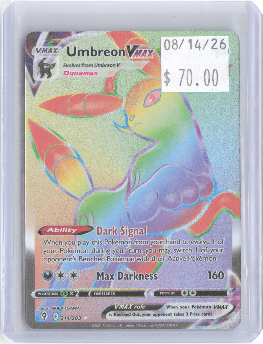 Umbreon VMAX 214/203 Rainbow Rare Evolving Skies Pokemon Holo Near Mint