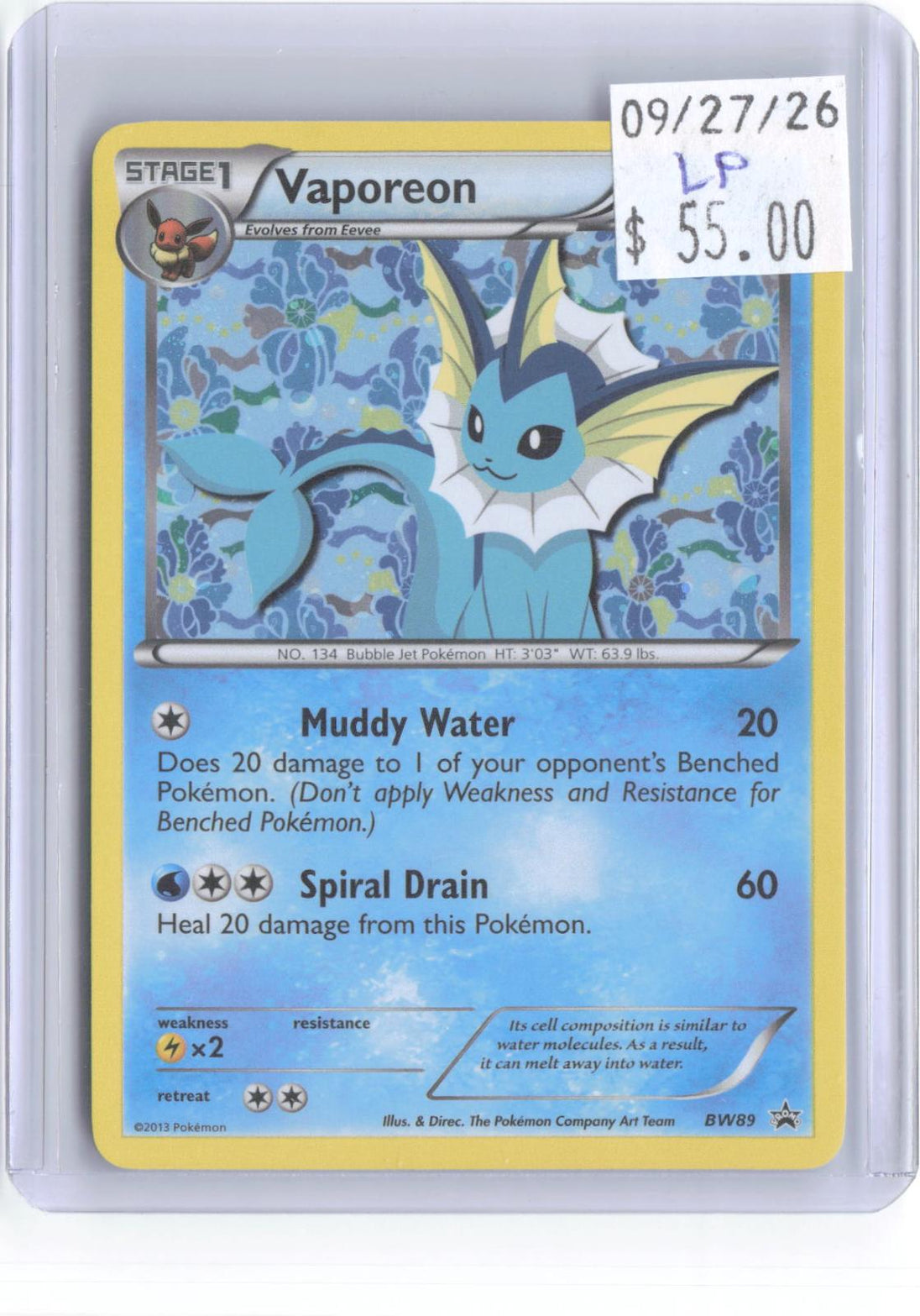 Vaporeon BW89 Holo Promo Black And White Promo Pokemon Lightly Played