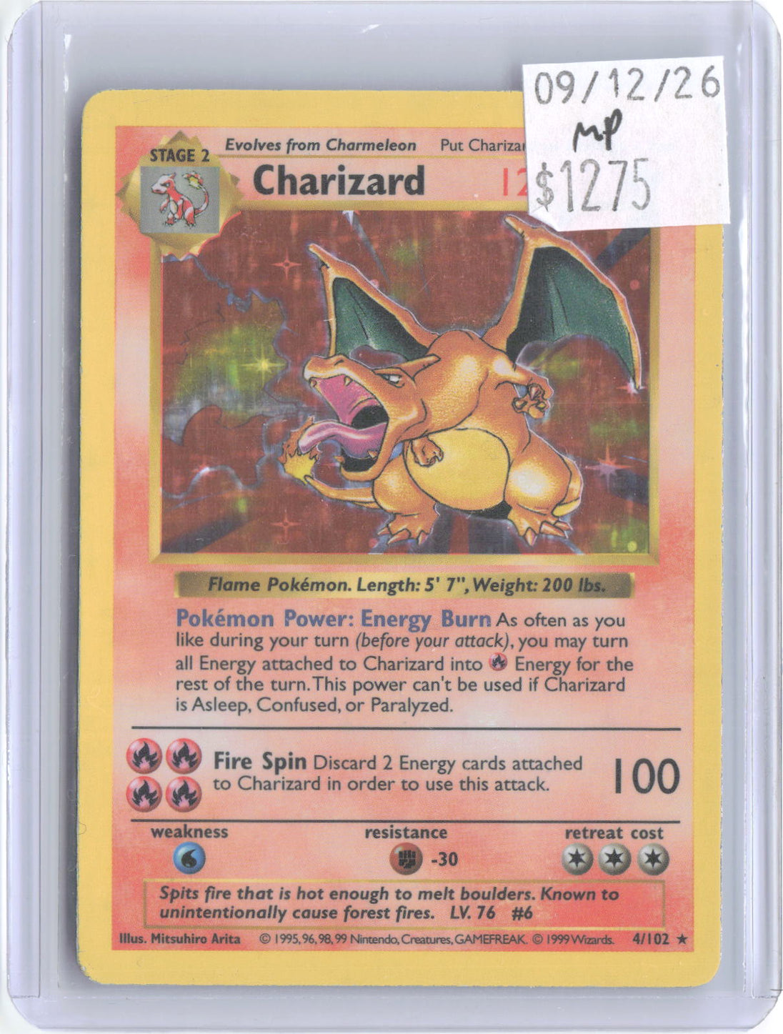 Charizard 4/102 Holo Rare Base Set Shadowless Pokemon Unlimited Holo MP