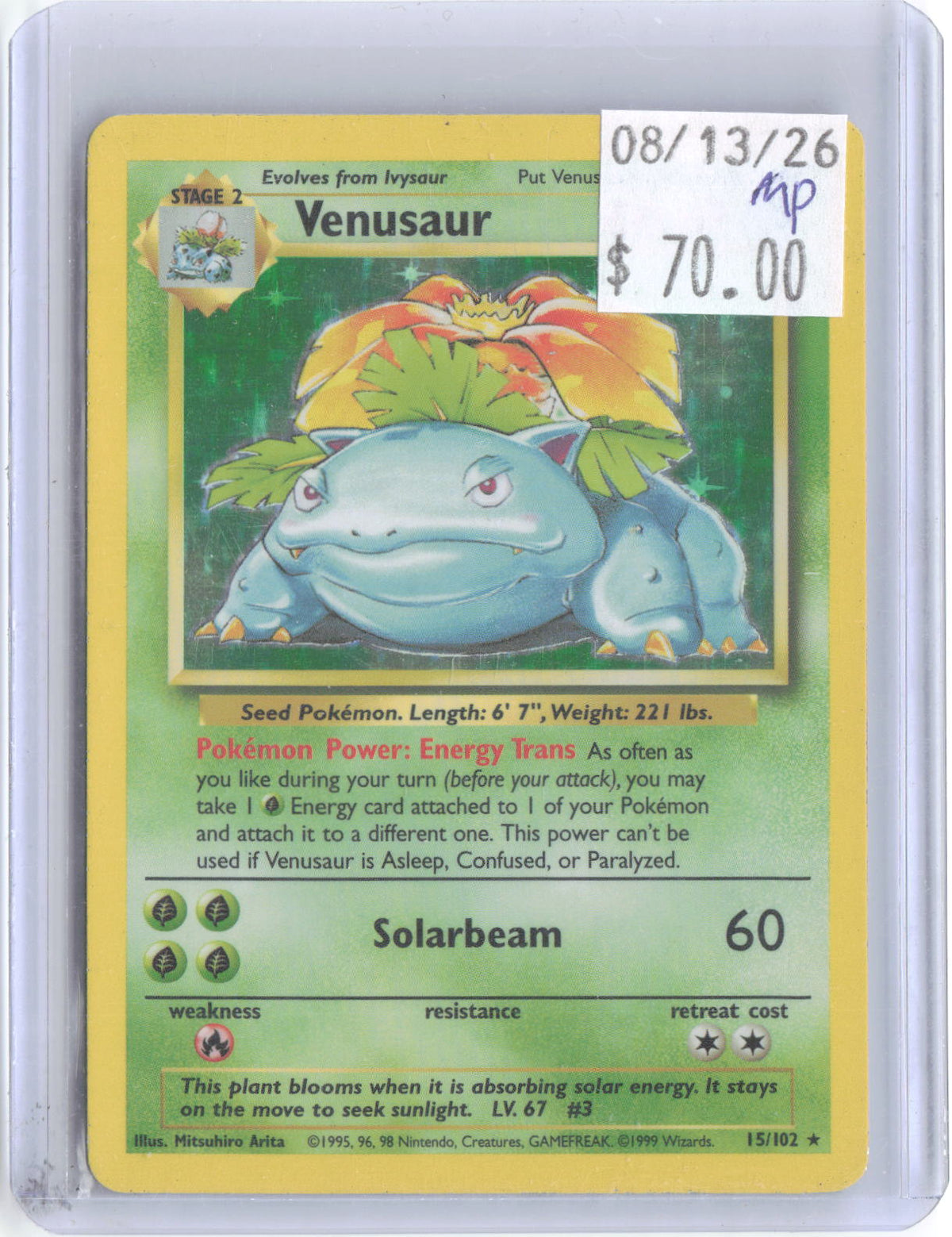 Venusaur 15/102 Holo Rare Base Set Unlimited Pokemon Moderately Played