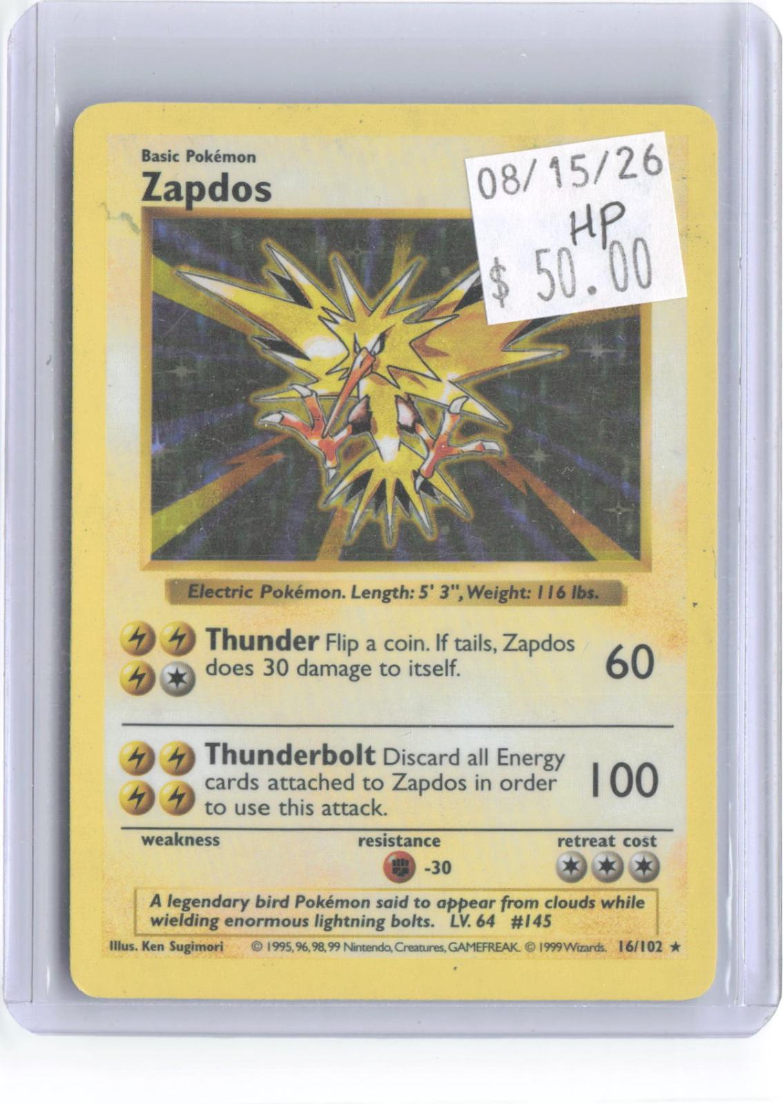 Zapdos 16/102 Holo Rare Base Set Shadowless Pokemon Unlimited Holo HP
