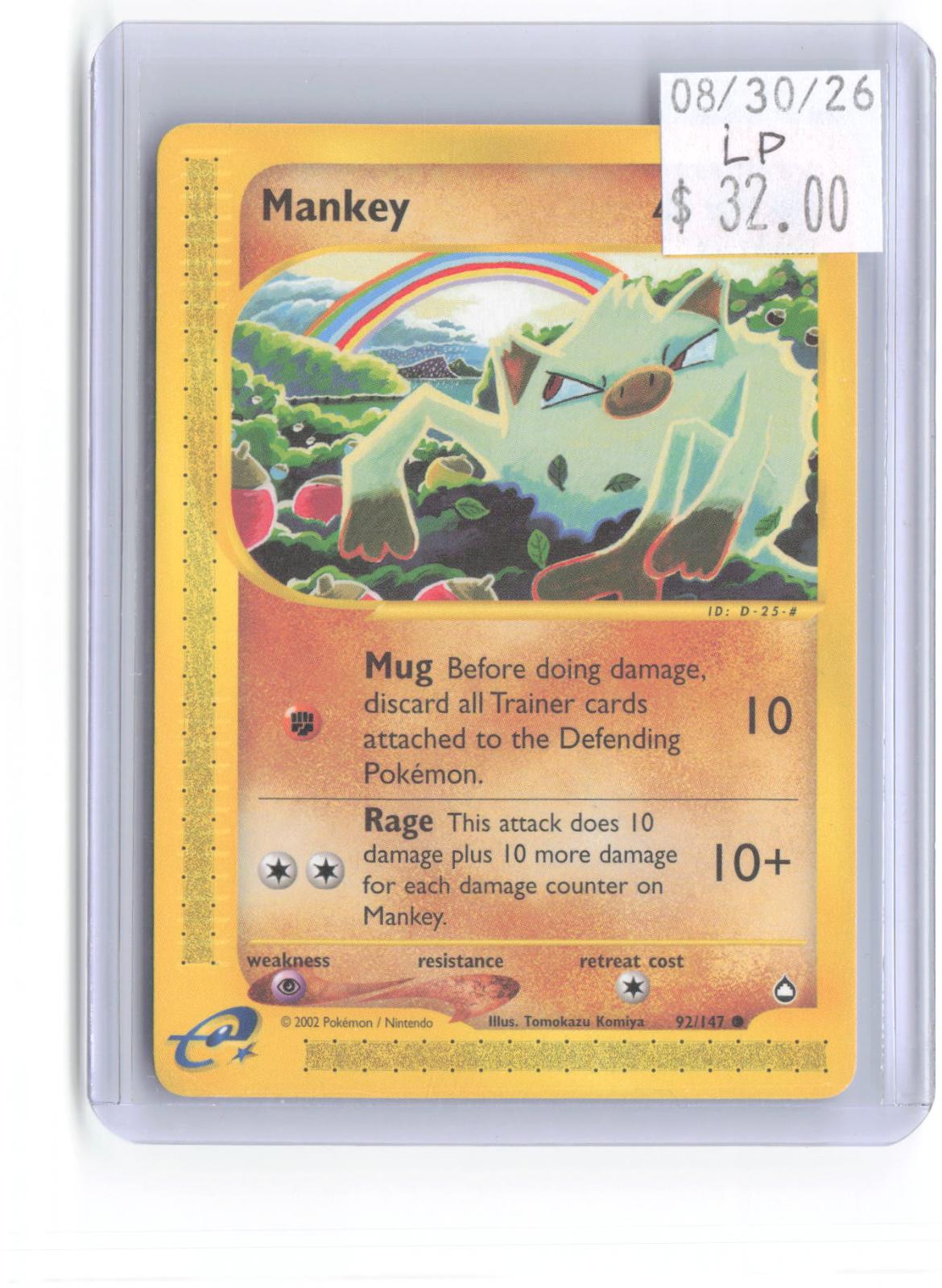 Mankey 92/147 Common Aquapolis Pokemon Lightly Played