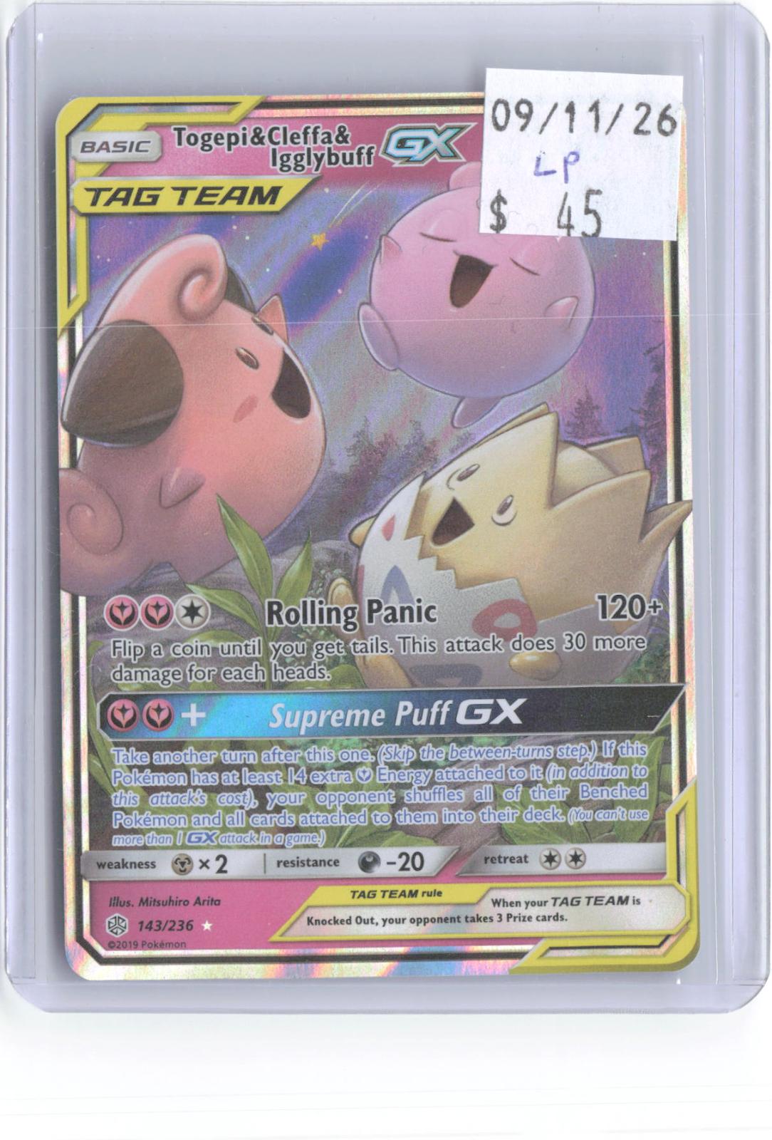 Togepi & Cleffa & Igglybuff GX 143/236 Holo Ultra Rare Cosmic Eclipse Pokemon LP