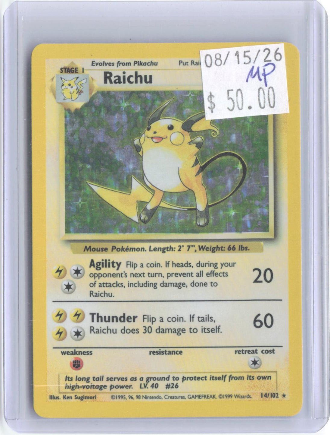 Raichu 14/102 Holo Rare Base Set Unlimited Pokemon Moderately Played