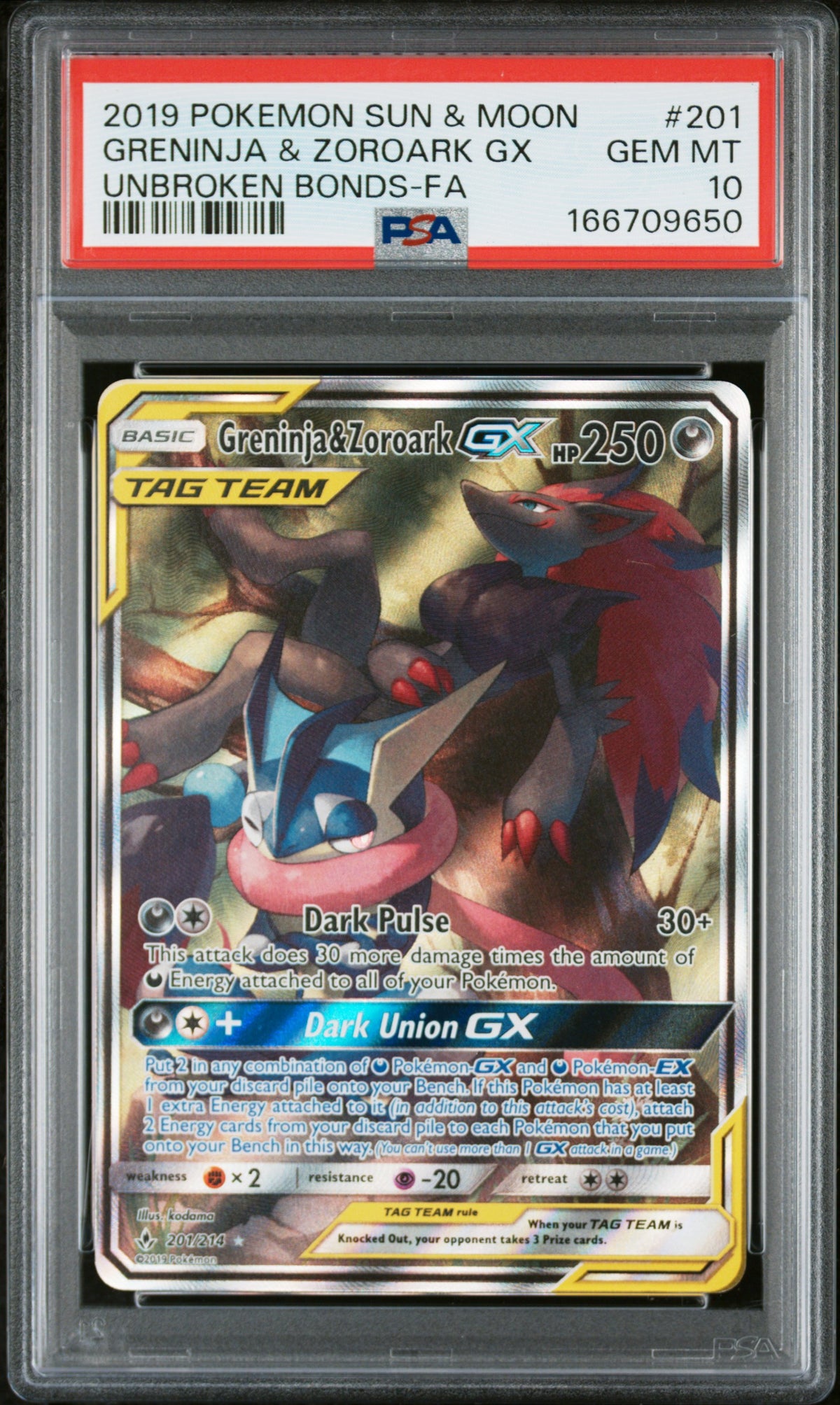 Greninja & Zoroark Gx 201/214 Unbroken Bonds Pokemon PSA 10 Gem Mint
