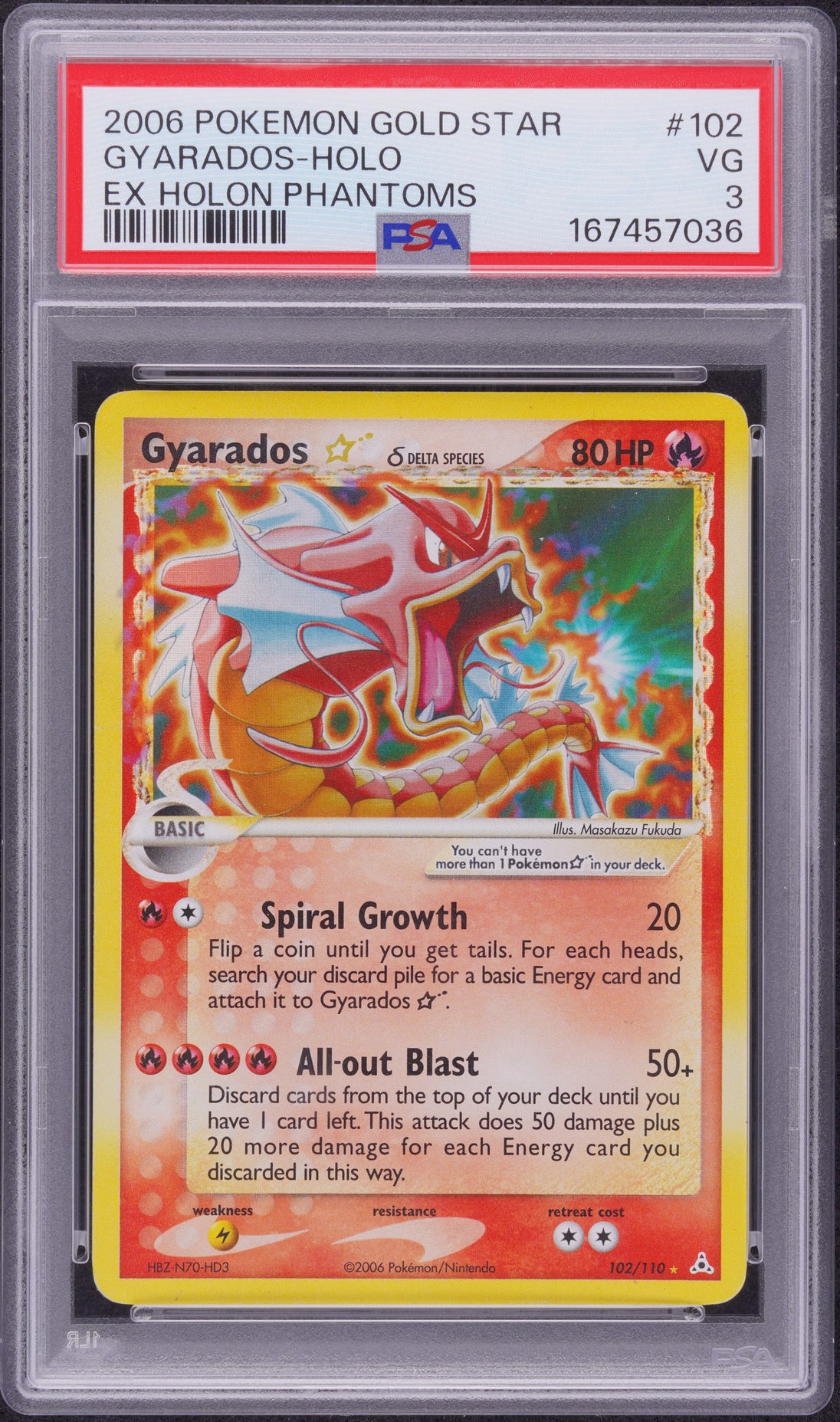 Gyarados Holo 102/110 Gold Star Holon Phantoms Pokemon PSA 3 Vg