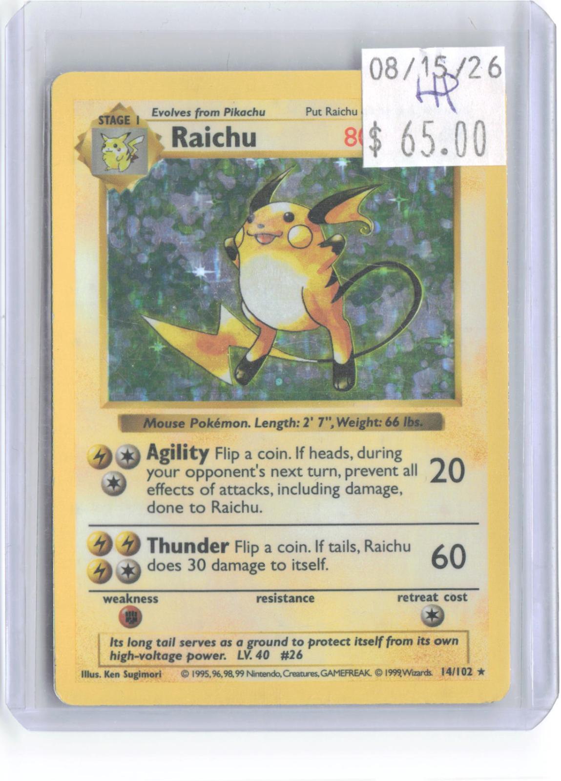 Raichu 14/102 Holo Rare Base Set Shadowless Pokemon Unlimited Holo HP