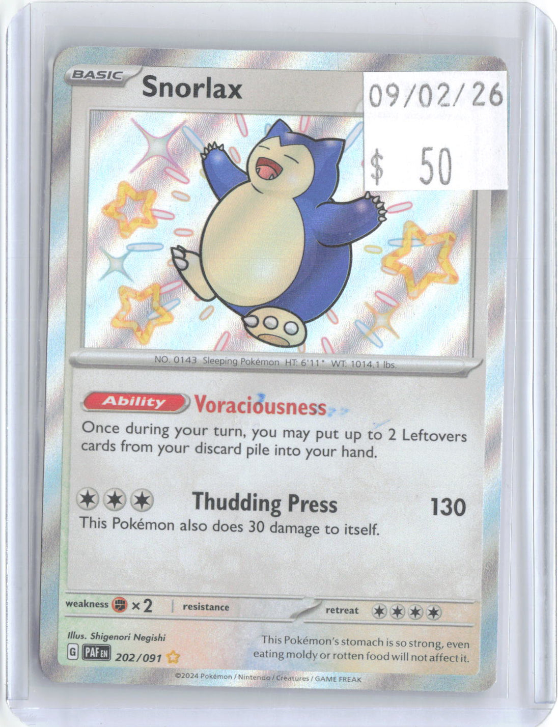 Snorlax 202/091 Shiny Rare Paldean Fates Pokemon Holo Near Mint