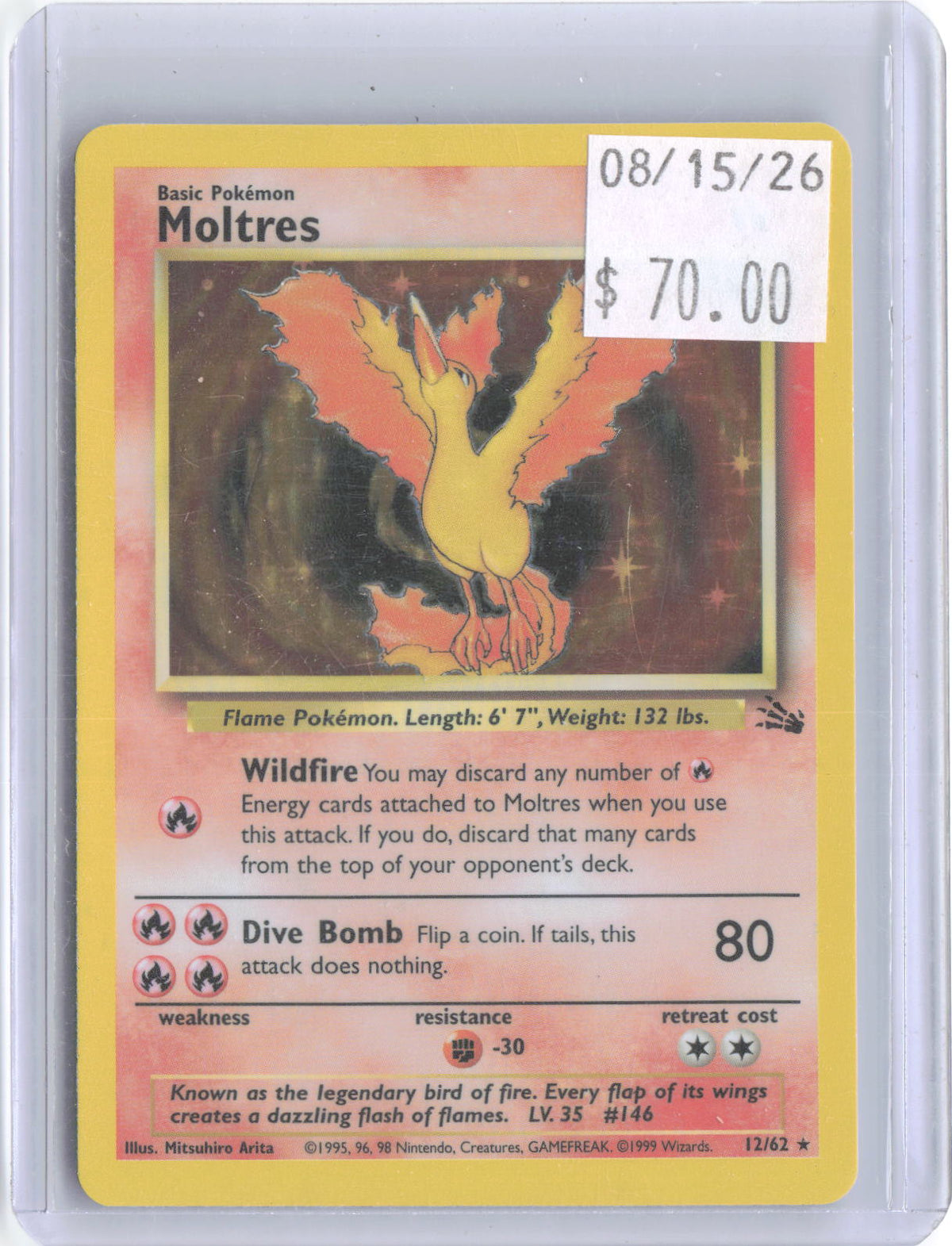 Moltres 12/62 Rare Fossil Pokemon Unlimited Holo Near Mint