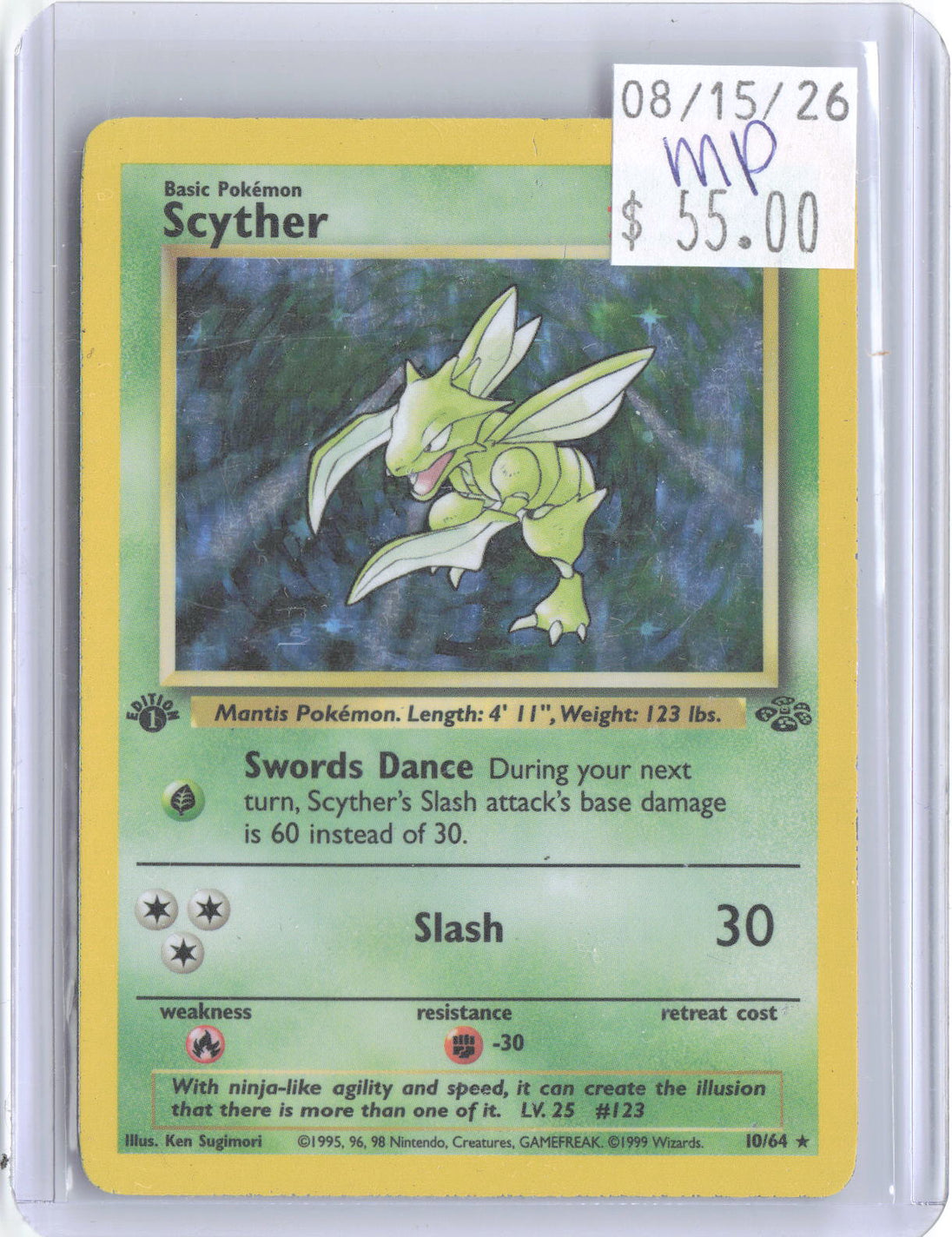 Scyther 10/64 Rare Jungle Pokemon 1st Edition Holo Moderately Played