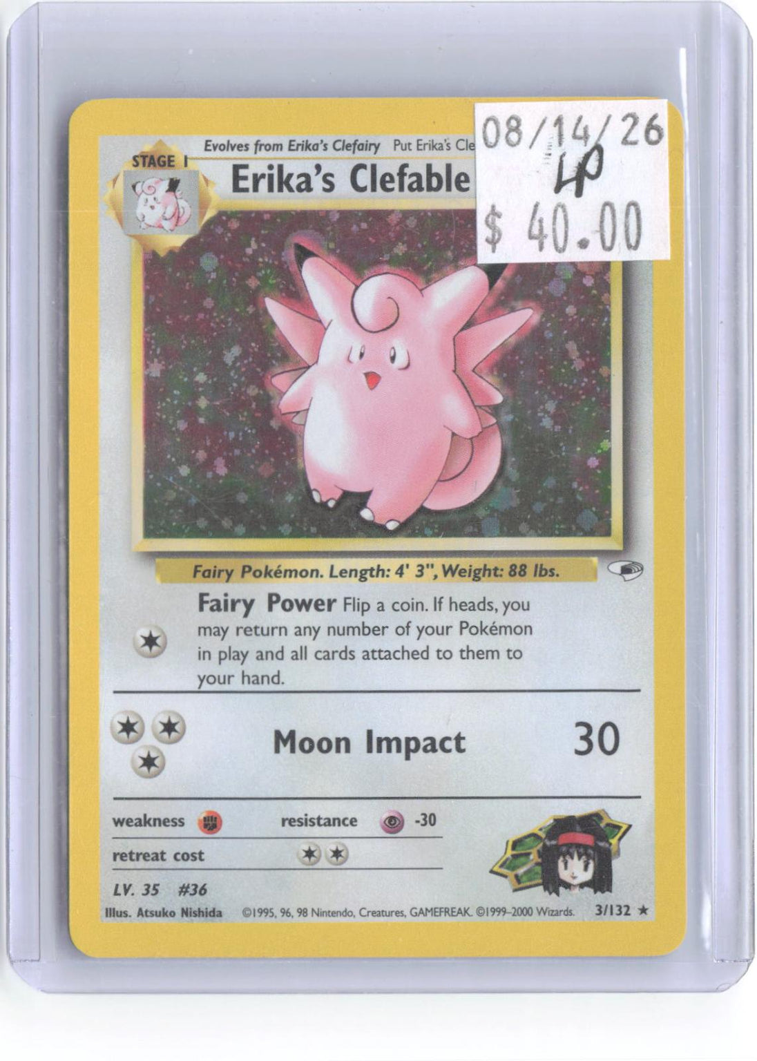 Erika's Clefable 3/132 Rare Gym Heroes Pokemon Unlimited Holo Lightly Played