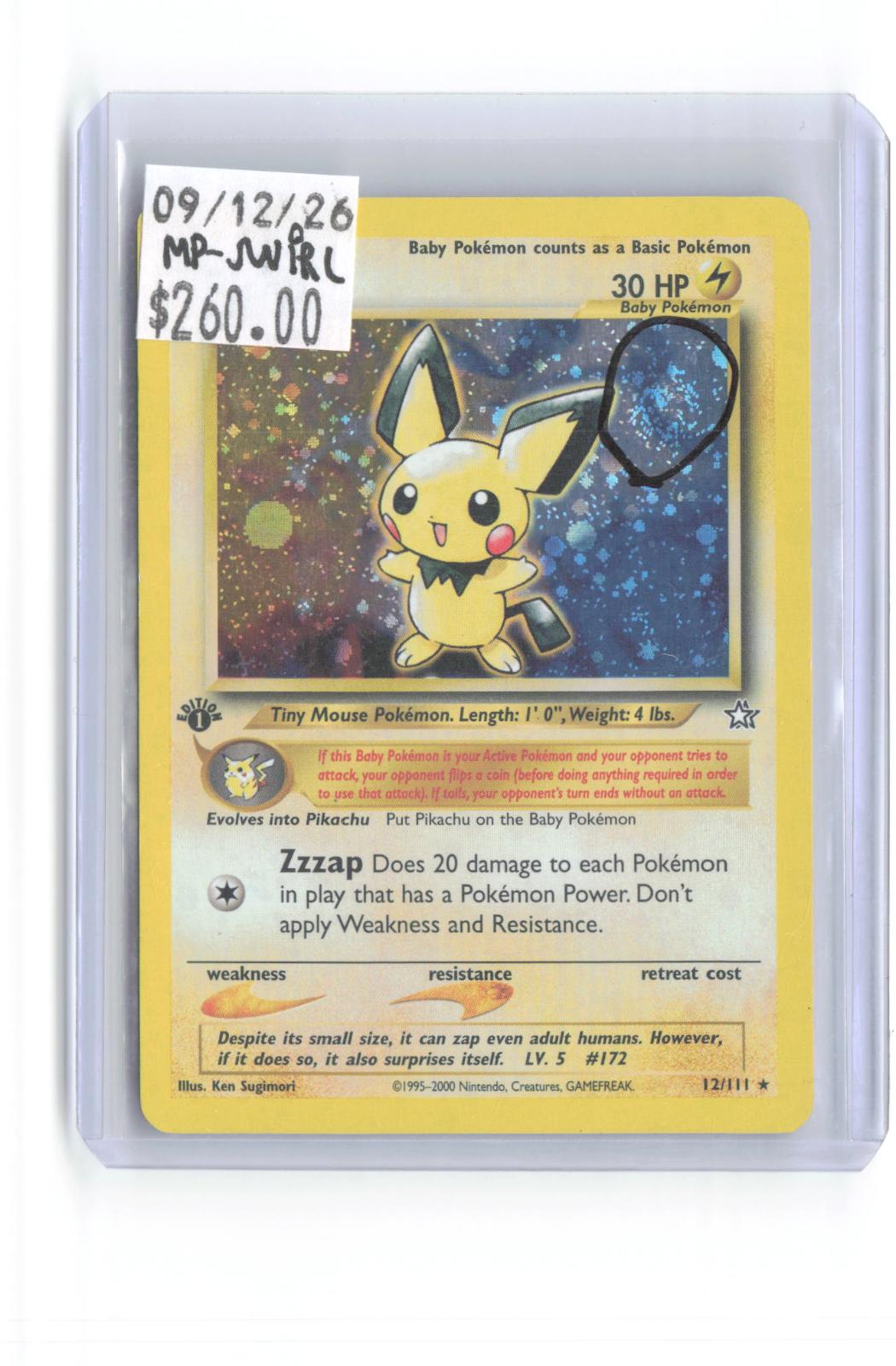 Pichu 12/111 Rare Neo Genesis Pokemon 1st Edition Holo Moderately Played Swirl