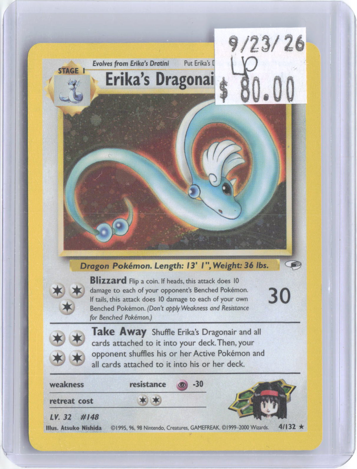 Erika's Dragonair 4/132 Rare Gym Heroes Pokemon Unlimited Holo Lightly Played
