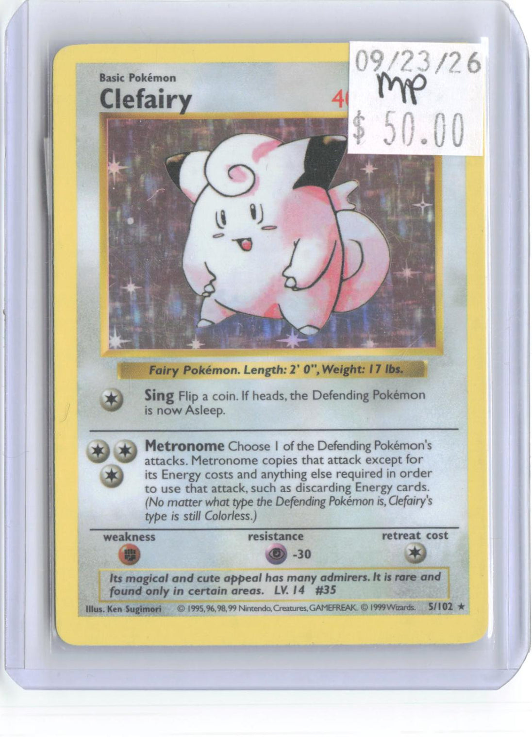 Clefairy 5/102 Holo Rare Base Set Shadowless Pokemon Unlimited Holo MP