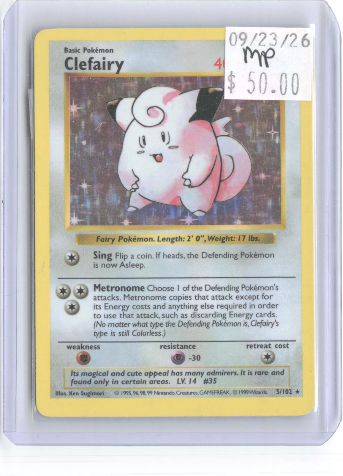 Clefairy 5/102 Holo Rare Base Set Shadowless Pokemon Unlimited Holo MP