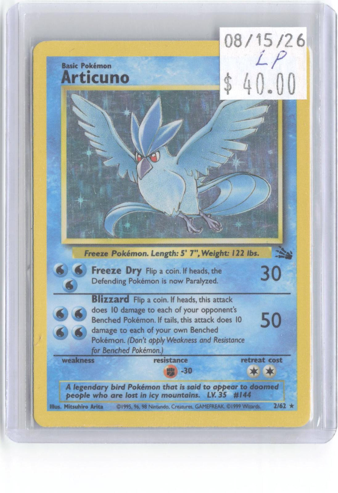 Articuno 2/62 Rare Fossil Pokemon Unlimited Holo Lightly Played