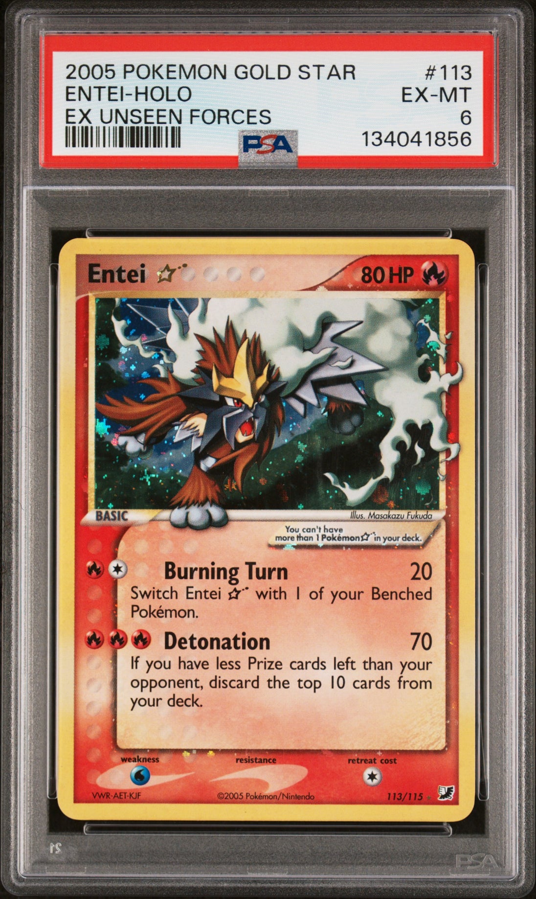 Entei Holo 113/115 Gold Star Unseen Forces Pokemon PSA 6