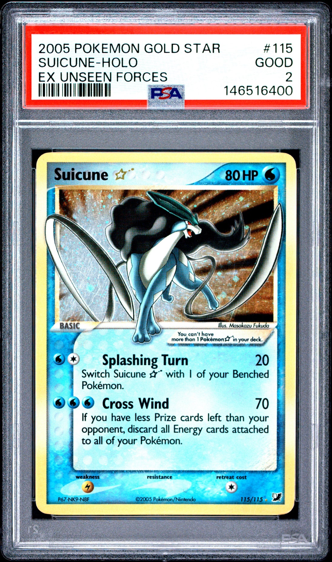Suicune Holo 115/115 Gold Star Unseen Forces Pokemon PSA 2