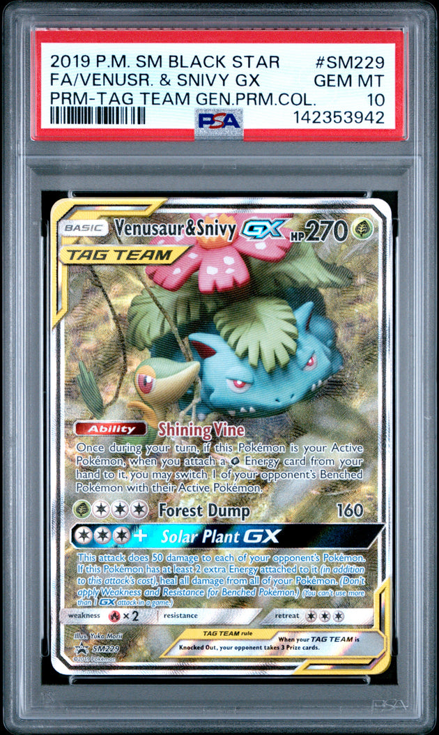 Venusaur & Snivy Gx SM229/83 Tag Team Pokemon PSA 10