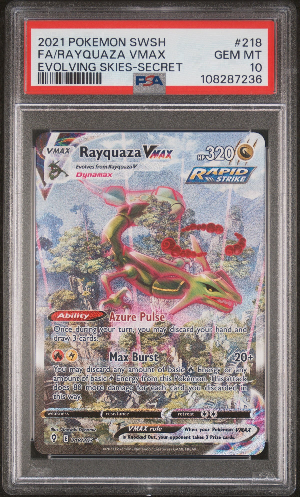 Rayquaza Vmax 218/203 Secret Evolving Skies Pokemon PSA 10 Gem Mint